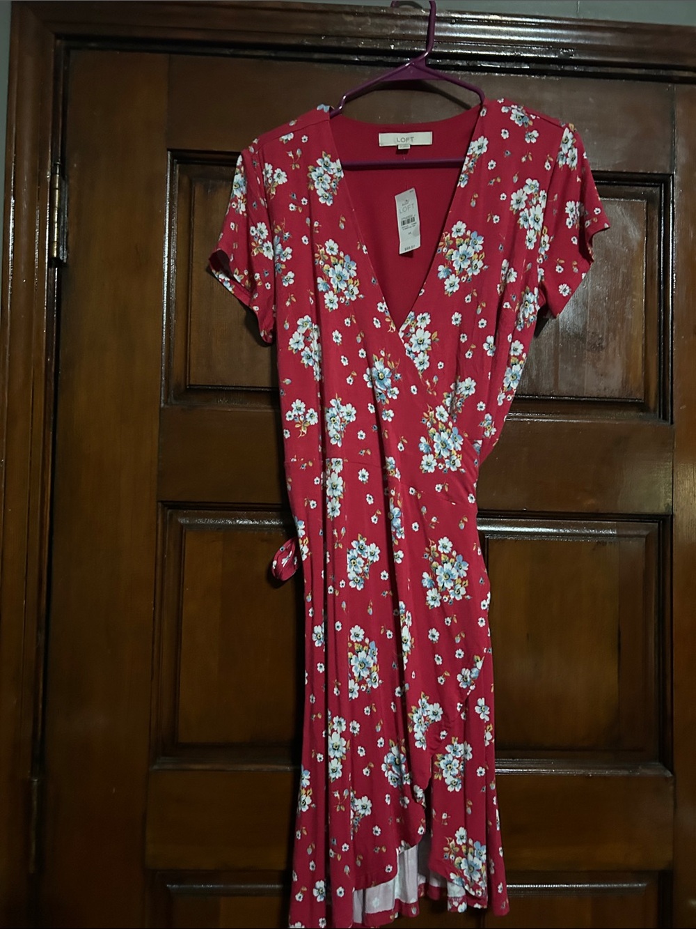 LOFT Red Floral Wrap Midi Dress